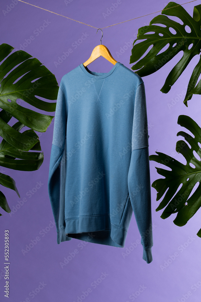 Sweatshirt hanging on coat hanger and copy space on purple background