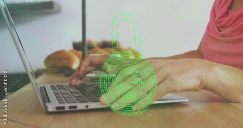 Image of biometric fingerprint padlock, data processing over woman using laptop