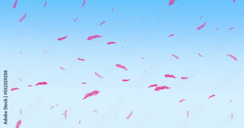 Digital composite of purple feathers flying against clear blue sky, copy space