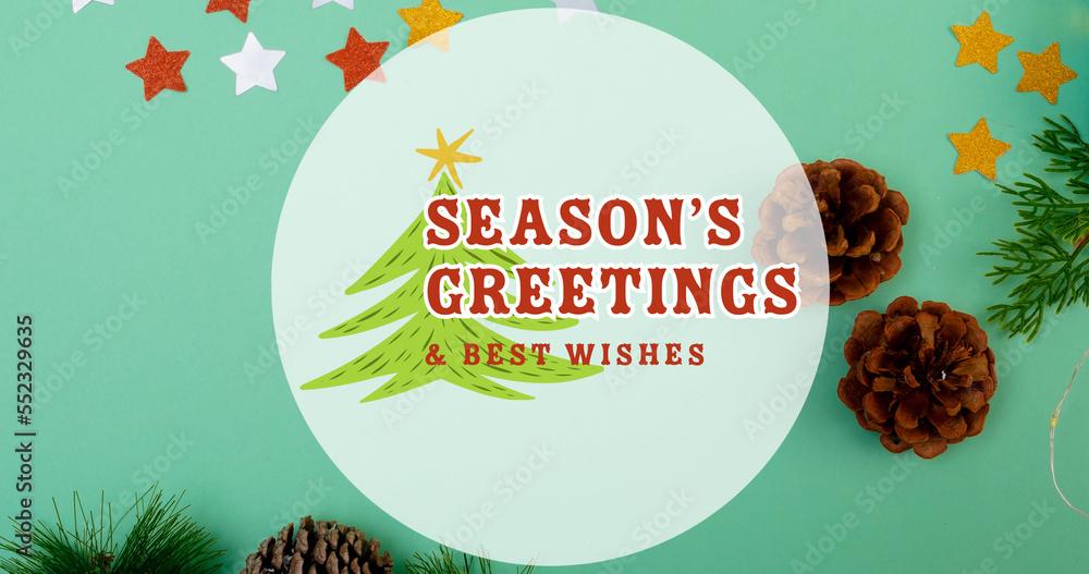 Image of seasons greetings and best wishes christmas text over green background