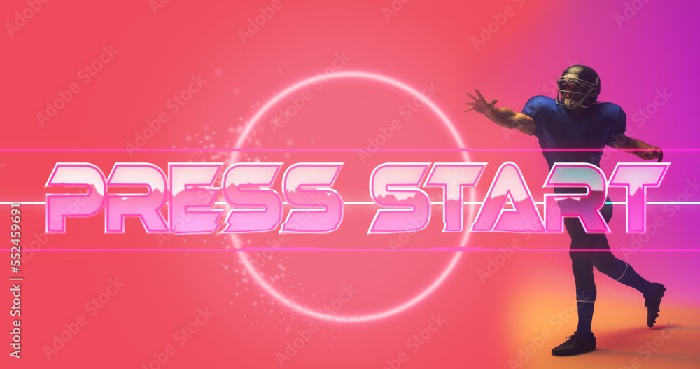 Press start text with circle and american football player throwing ball on colored background