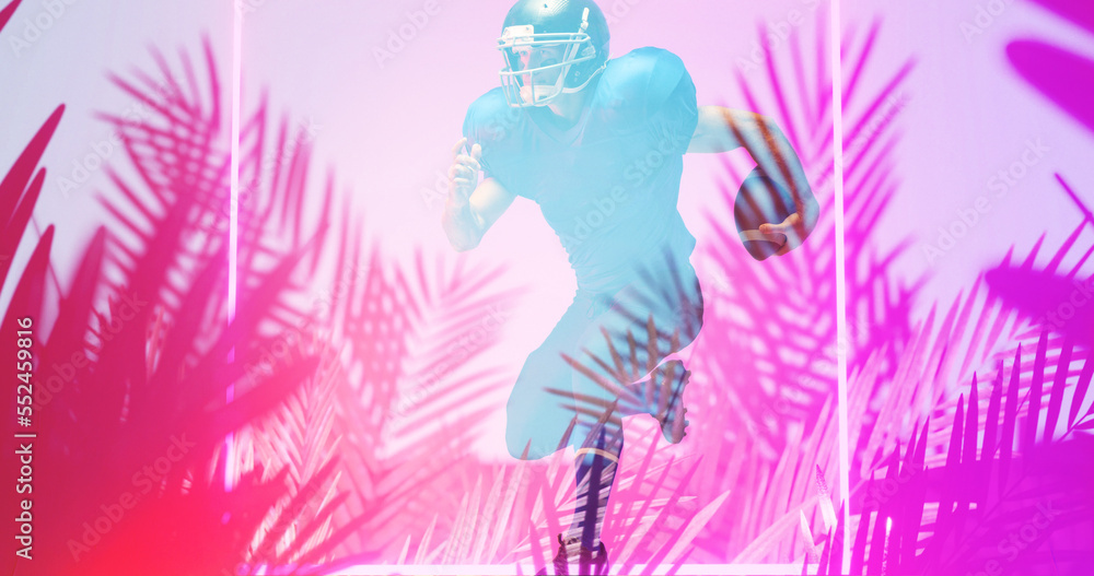 Composite of american football player with ball running over illuminated plants and square