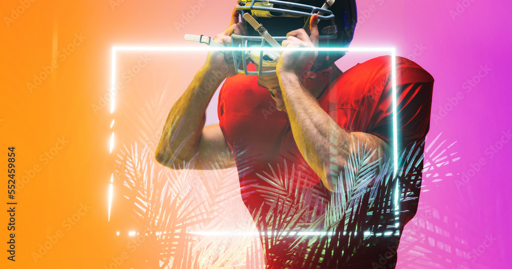 Composite of american football player removing helmet while standing by illuminated square and plant
