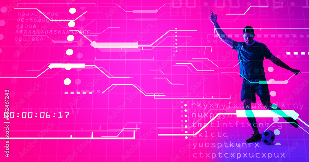 Composite of caucasian soccer player and abstract design and coding over pink background, copy space