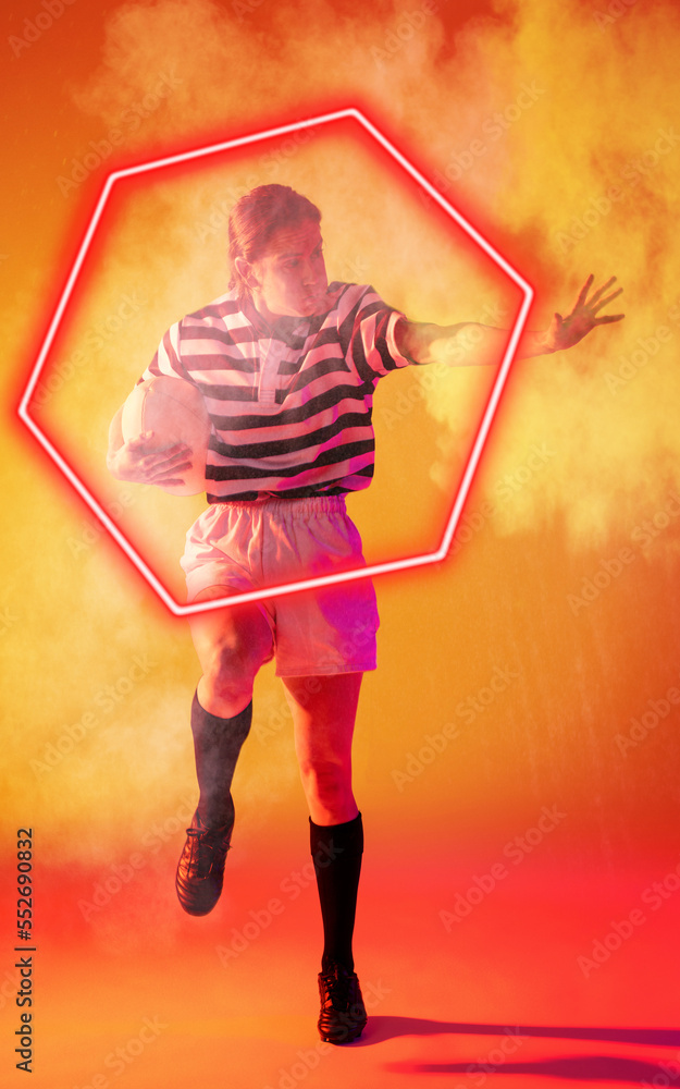 Caucasian female player with ball showing stop gesture over red illuminated hexagon amidst smoke