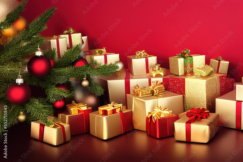 圣诞节装饰与礼盒堆成壮观的圣诞树。世代AI。