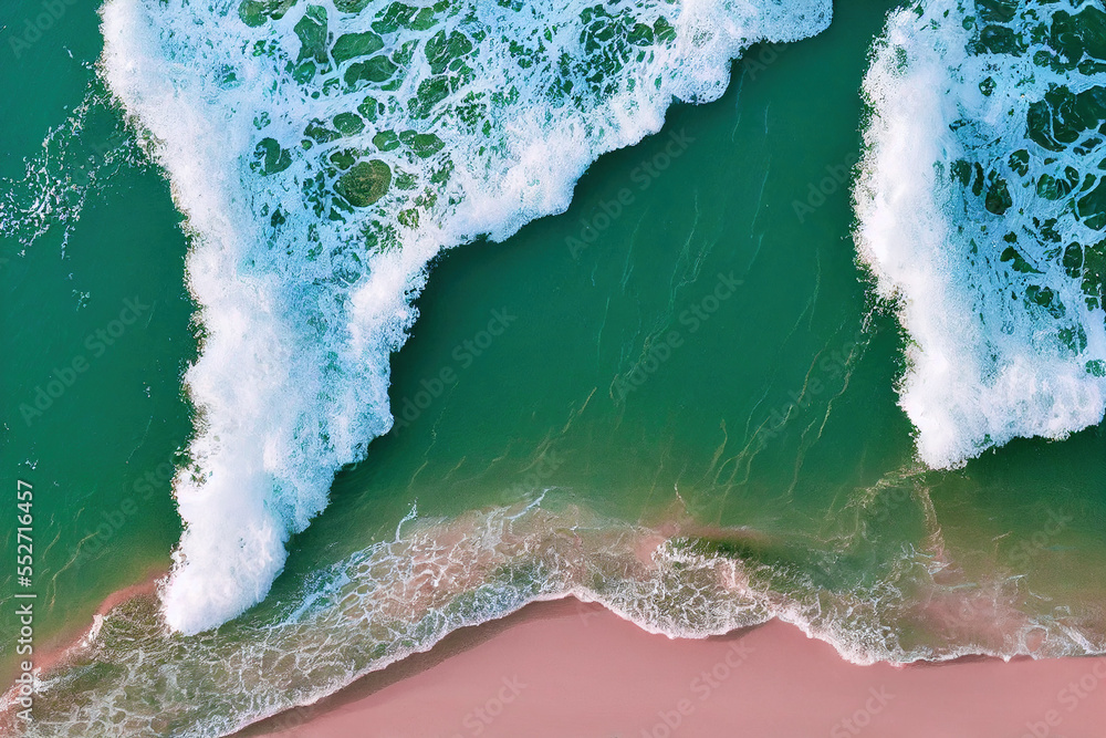 美丽的粉红色海滩的无人机照片的壮观俯视图。生成人工智能。
