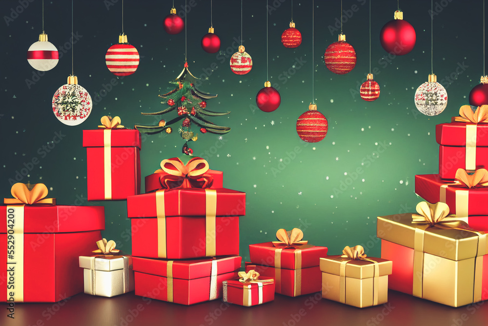 圣诞节装饰用礼盒堆成壮观的圣诞树。世代AI。
