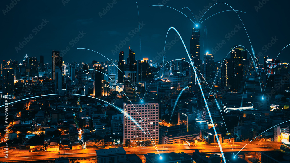 Smart digital city with connection network reciprocity over the cityscape . Concept of future smart 
