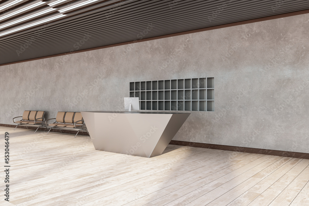 Modern concrete marble office lobby with wooden flooring, reception desk and seats. Law and legal, c