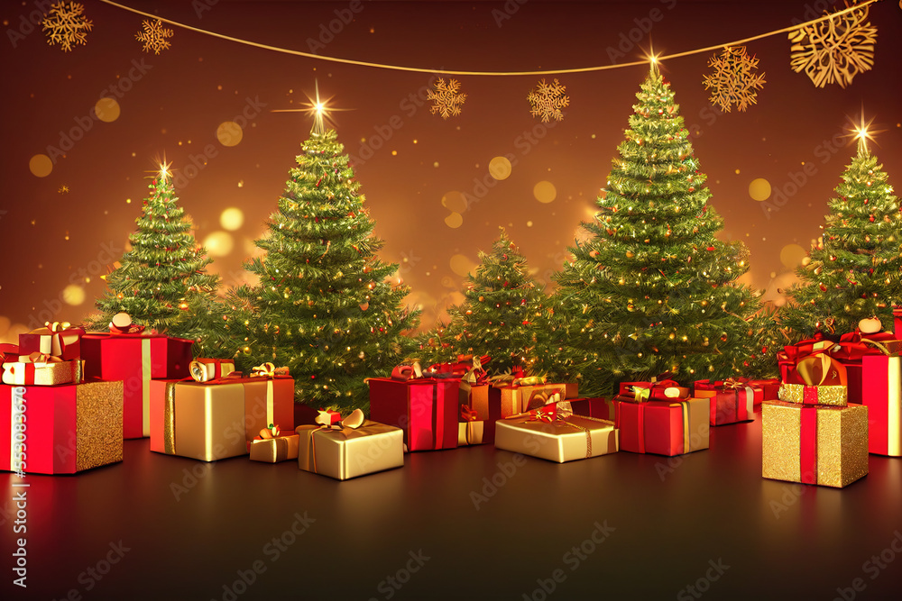 Christmas festival decoration with gift boxes pile spectacular christmas tree. Generative AI. 