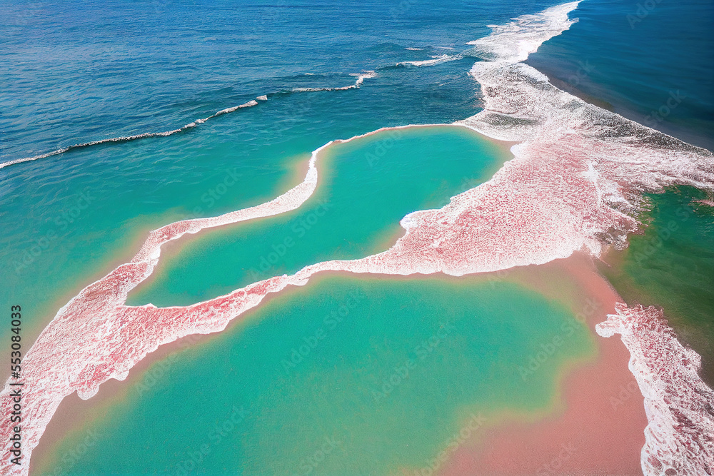 Spectacular top view from drone photo of beautiful pink beach. Generative AI. 