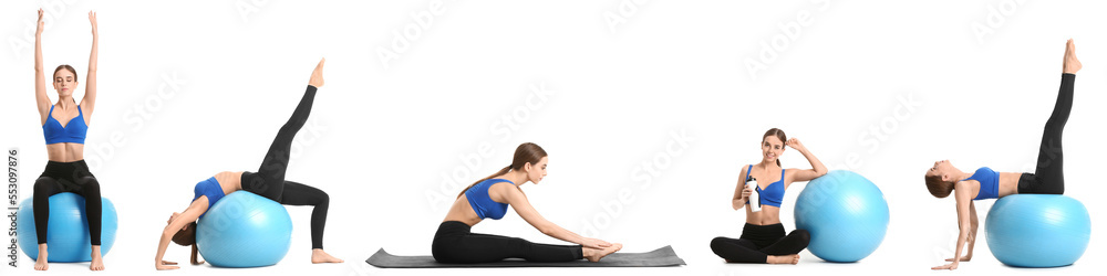 Set of sporty young woman with fitball doing pilates on white background