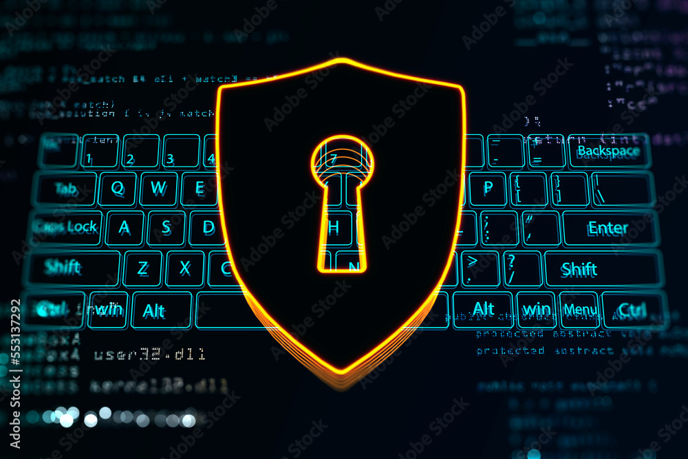 网络安全和数据保护概念，正面视图为带钥匙孔的数字暗屏