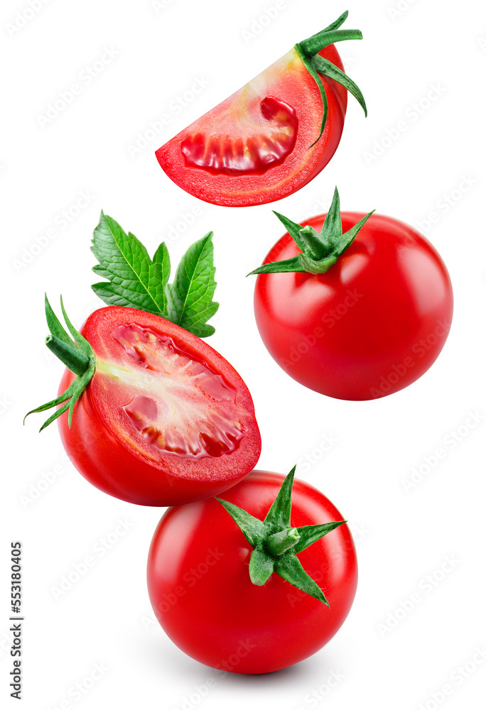 Tomato isolated. Whole tomato with leaf flying on white background. Falling tomato, half, slice and 