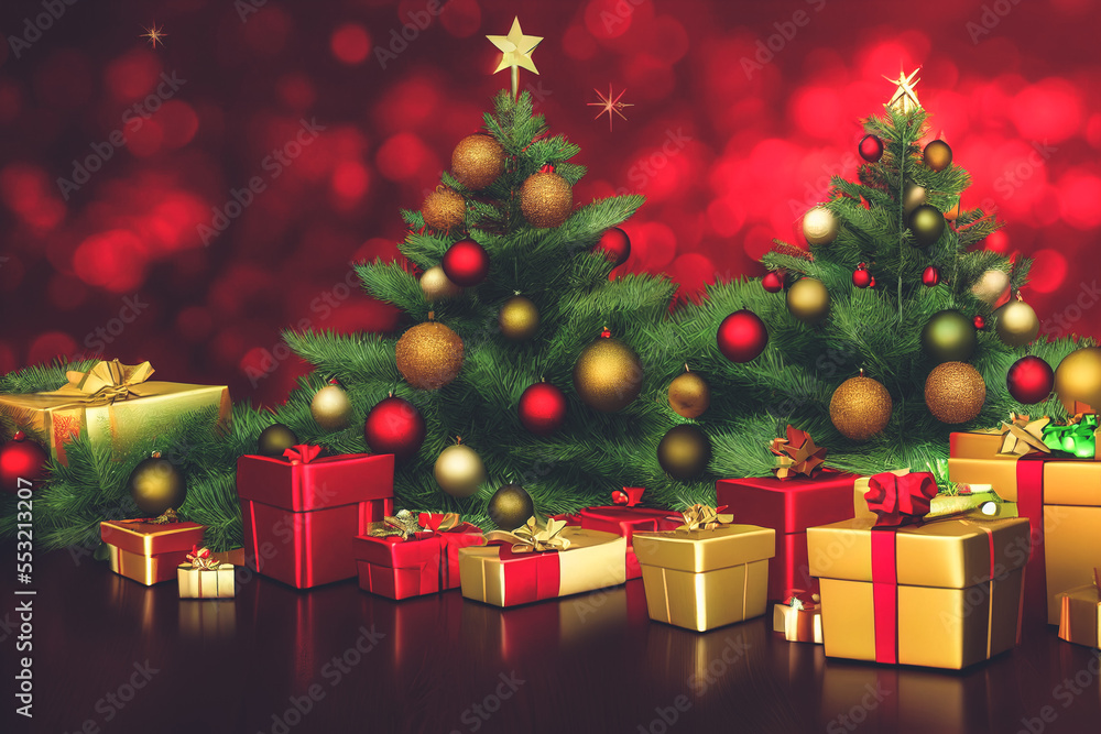 圣诞节装饰用礼盒堆成壮观的圣诞树。世代AI。
