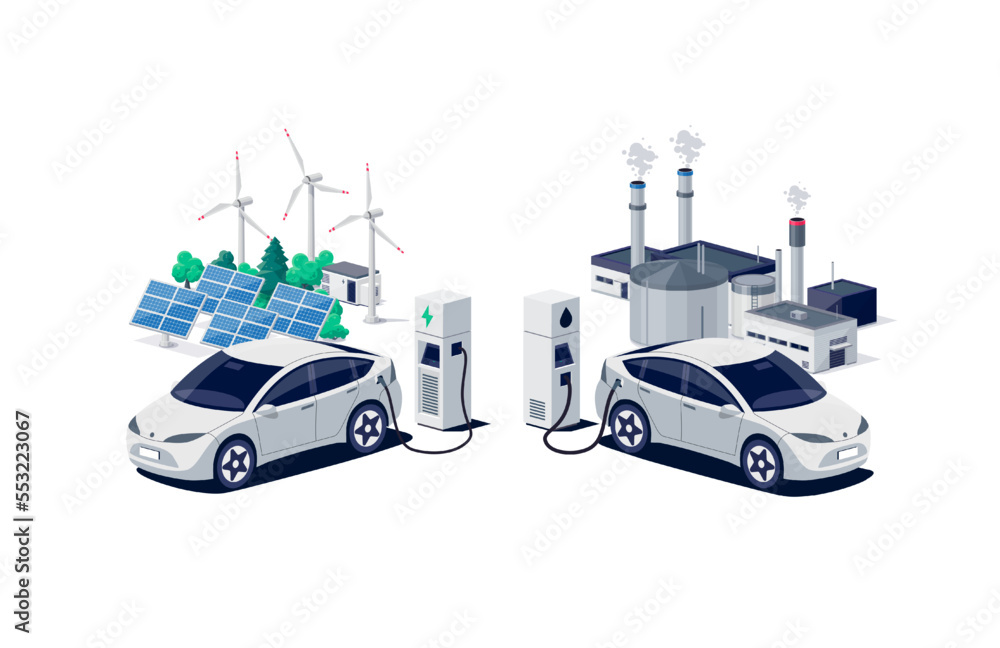 Comparing electric versus gasoline car. Electric vehicle charging vs. diesel vehicle refueling petro