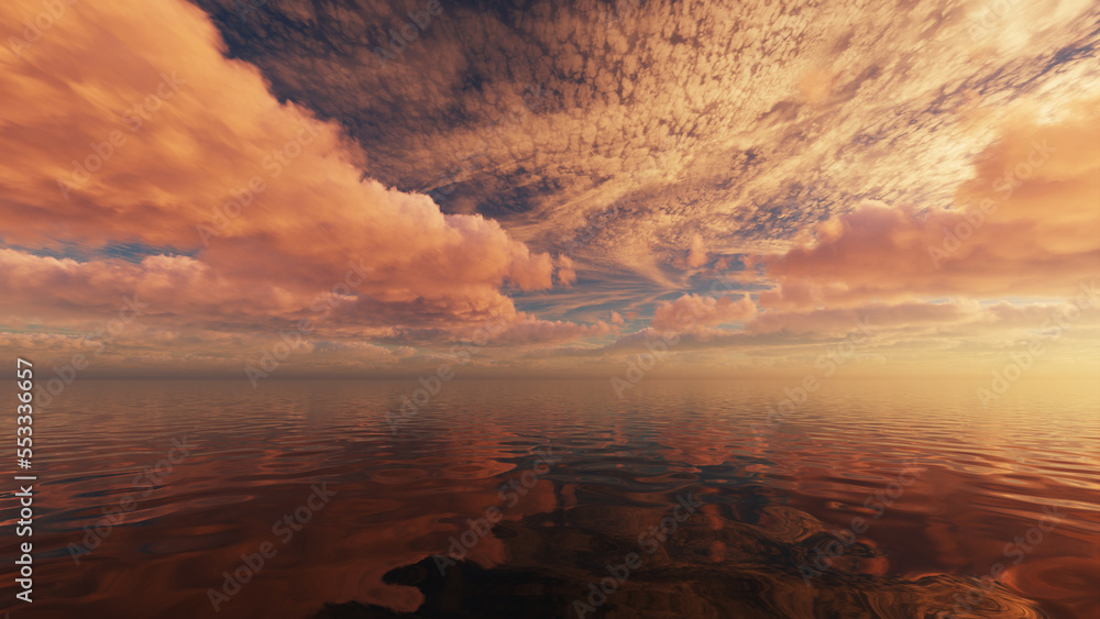 3d渲染，抽象的自然背景。日落壁纸。粉红色的云朵在水中反射，傍晚