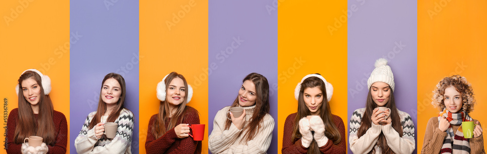 Set of beautiful young women with cups of hot beverages on colorful background