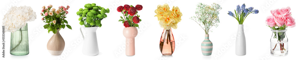 白色背景时尚花瓶中的芳香鲜花拼贴