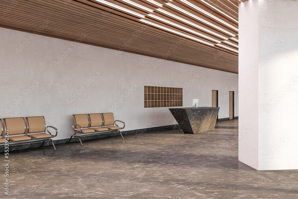 Contemporary concrete marble office lobby with reception desk and seats. Law and legal, commercial, 