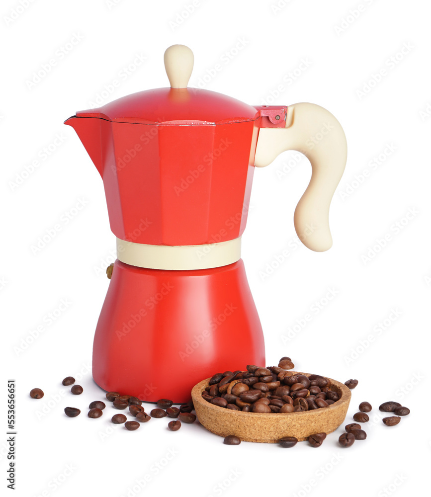 Geyser coffee maker with plate of beans on white background