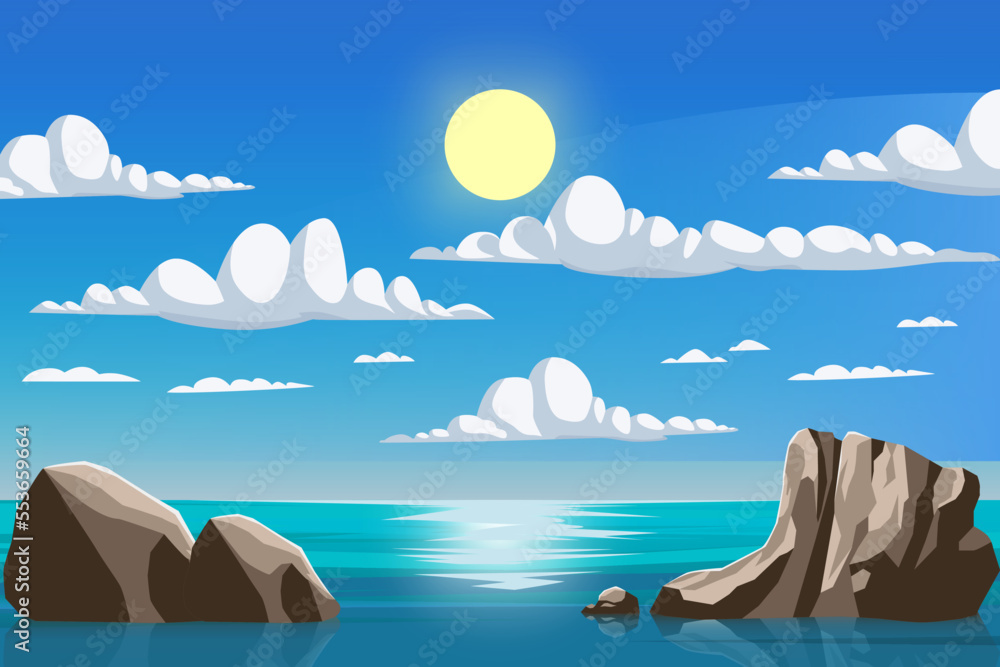 日光下的海洋风光，太阳和云层背景矢量插图