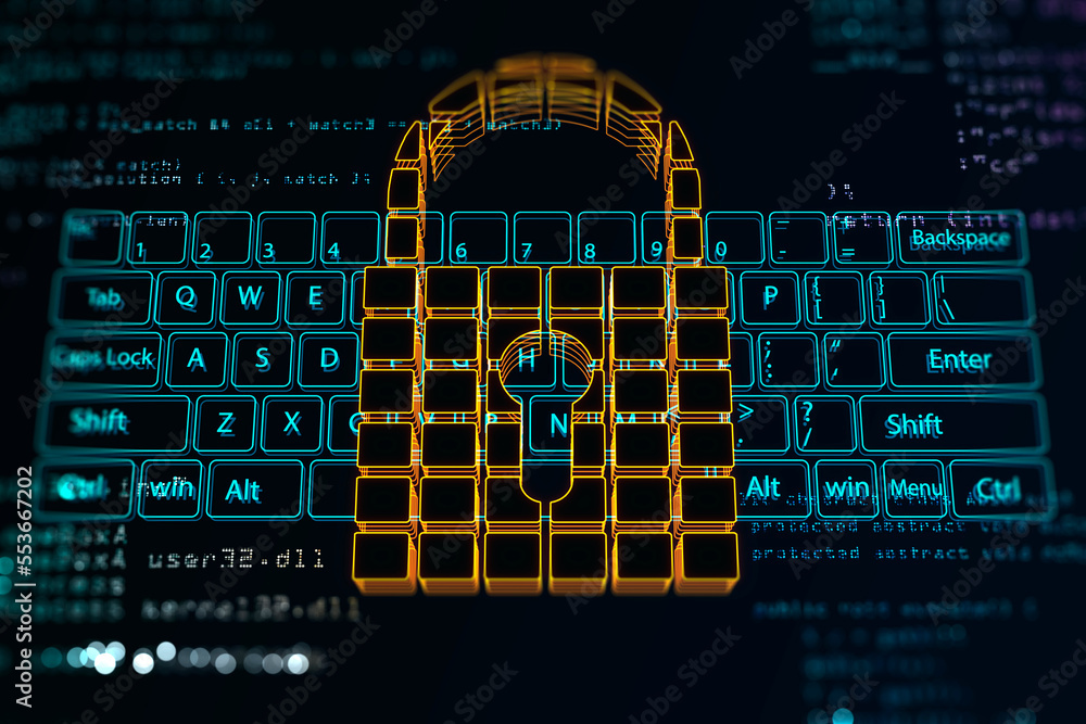 带钥匙孔的数字黄色立方体垫锁的网络安全和个人数据保护概念