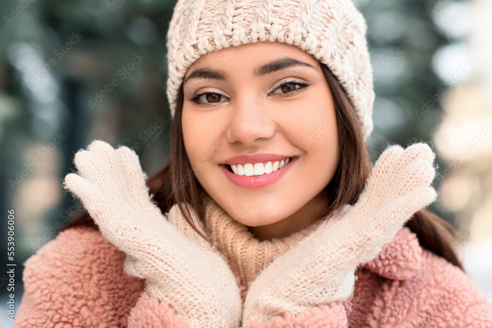 穿着保暖衣服微笑的女人的冬季肖像