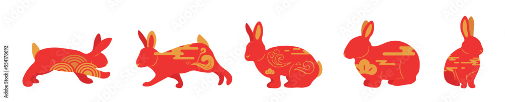 一套白色背景的红色中国新年兔子