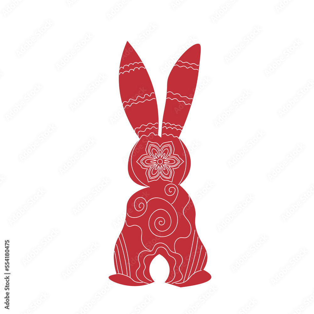 白色背景的红色中国新年兔子，背面视图