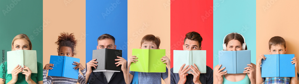 一组不同的人在彩色背景下阅读书籍
