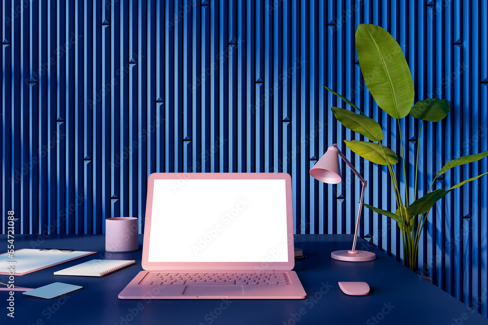 现代粉色笔记本电脑空白白色显示器的前视图，深色桌子上有空白处。