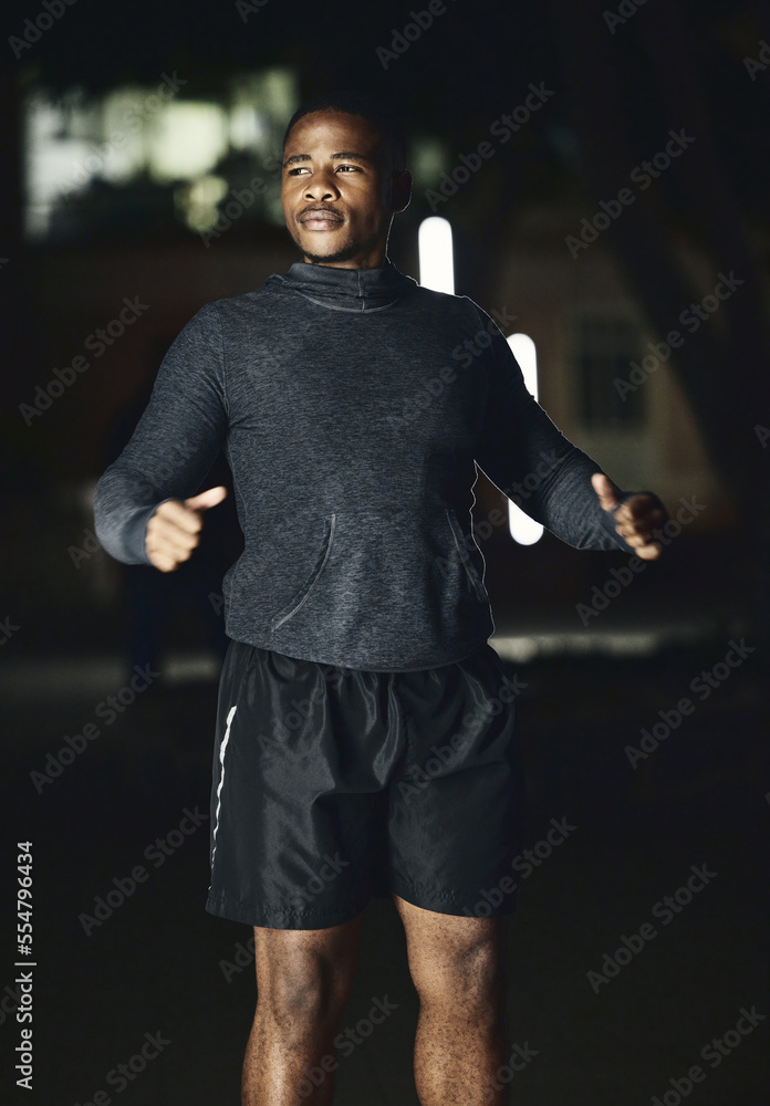 Fitness, night or black man ready for running exercise, cardio training or late workout in a dark ci