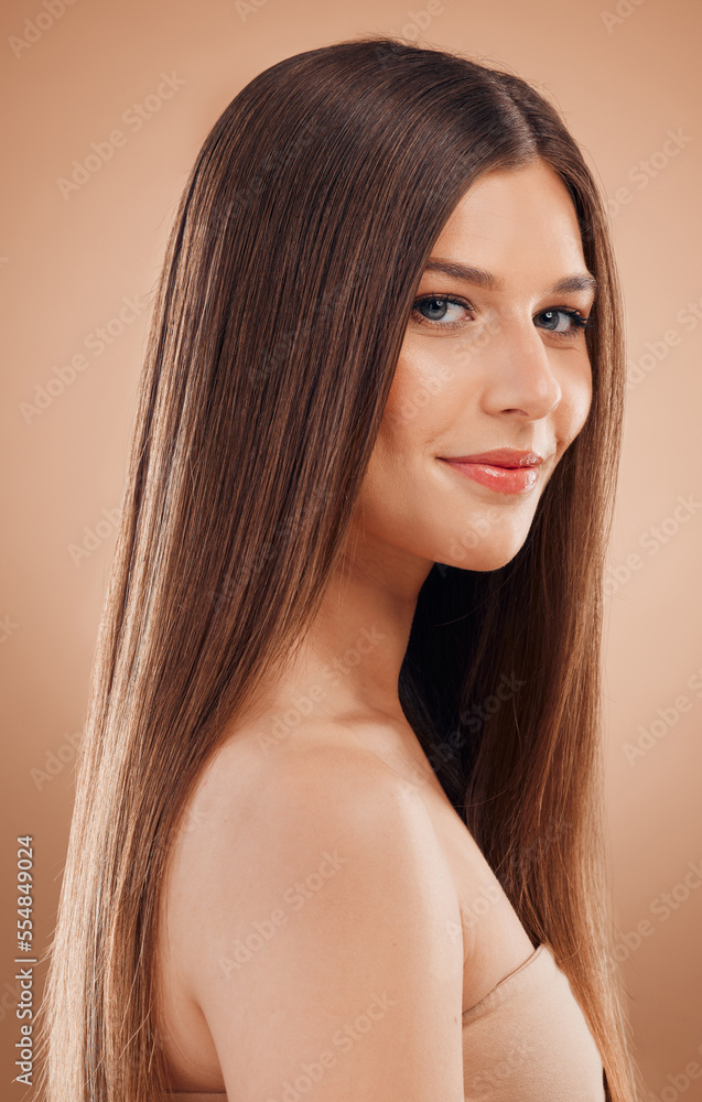 Woman, beauty and hair in studio with shine, glow and rich keratin aesthetic, textures or color on b