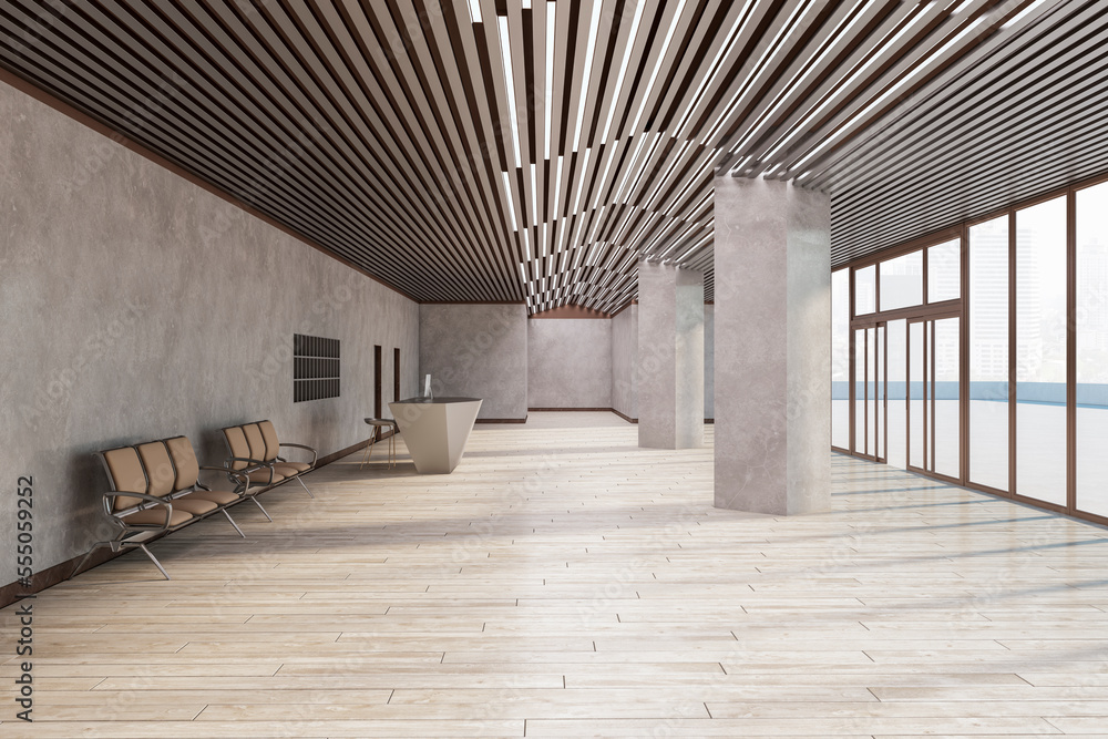 现代混凝土大理石办公大厅，木地板，接待台和座椅，窗户和城市