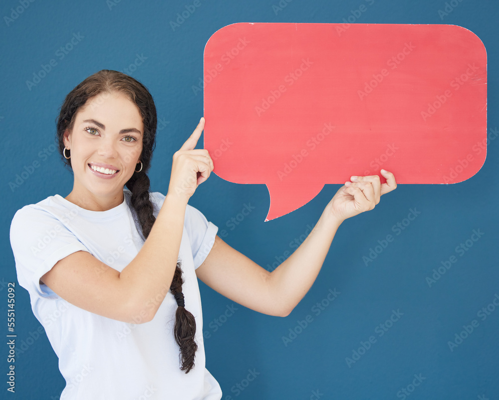 Social media, mockup or woman in studio with speech bubble for marketing, product placement or brand
