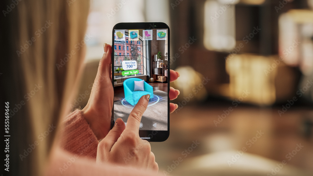 Decorating Apartment: Woman Holding Smartphone, using Augmented Reality Interior Design Software Cho