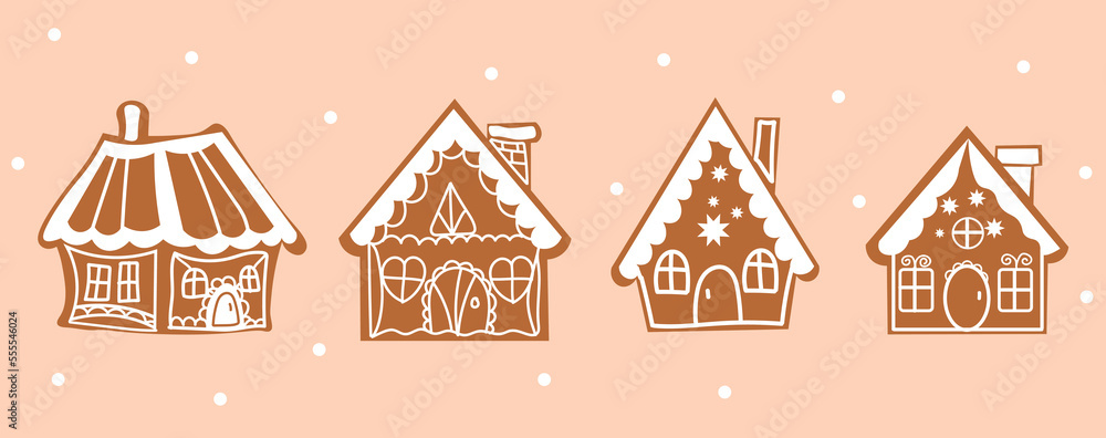 一套美味的圣诞姜饼饼干，颜色背景为房子形状