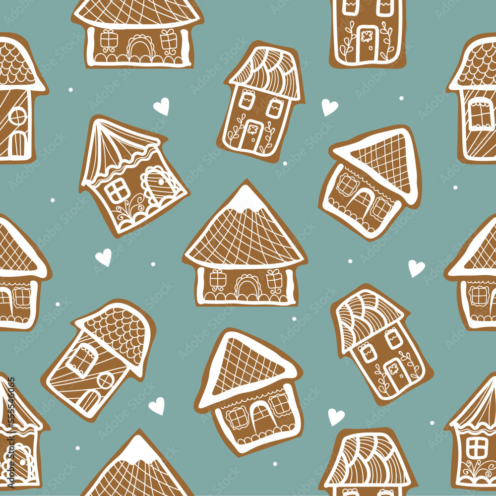 一套美味的圣诞姜饼饼干，灰色背景，呈房屋形状。图案设计