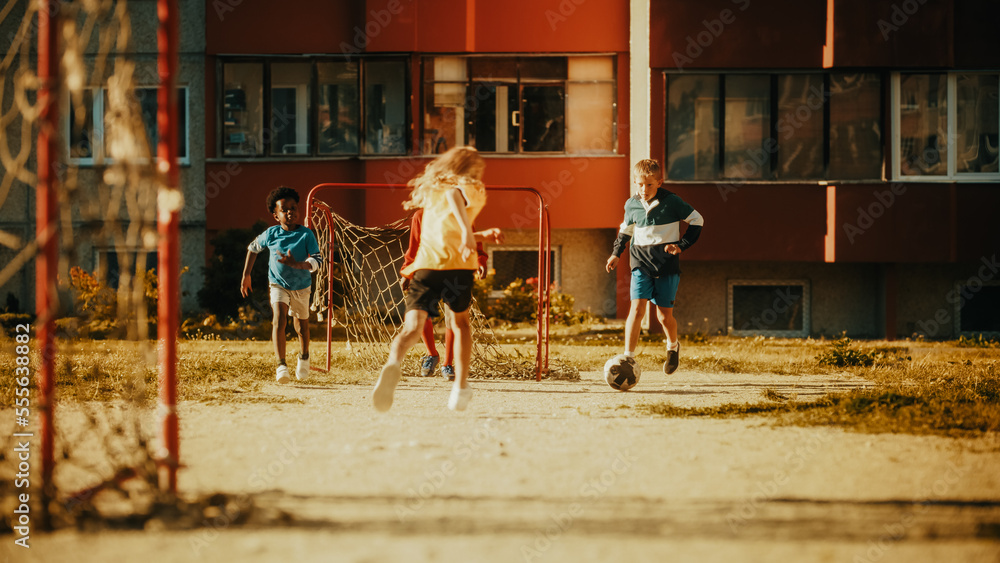 年轻的多元化孩子在后院踢足球。兴奋的多元文化男孩和女孩踢球