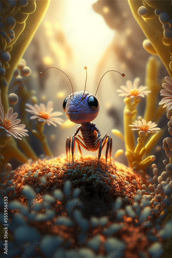 Lovely baby ant at spring blossom, Generative Ai
