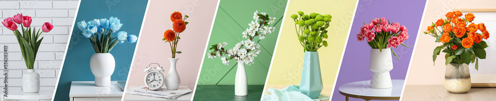 一套时尚的花瓶，桌上有美丽的鲜花，靠着彩色墙