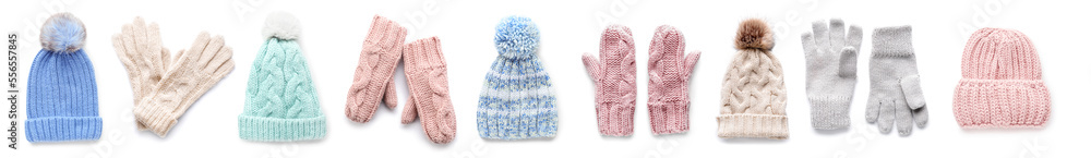 Collage of stylish knitted hats, gloves and mittens on white background