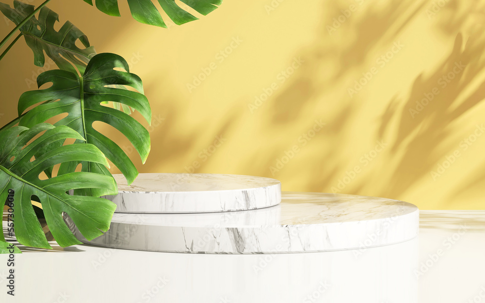 Two empty white round marble product podiums with different level in yellow background fresh green t