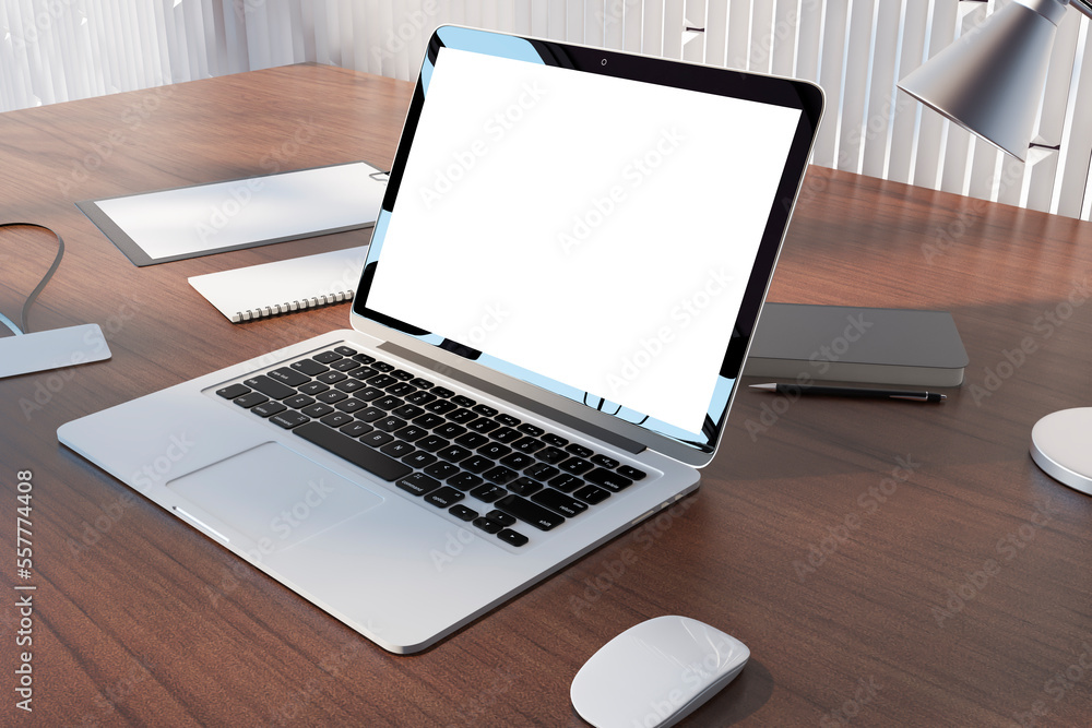 Perspective view on blank white modern laptop monitor with place for your logo or text on brown tabl