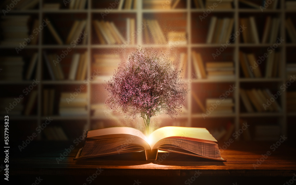 打开黑暗图书馆桌子上长着粉红色树的魔法书