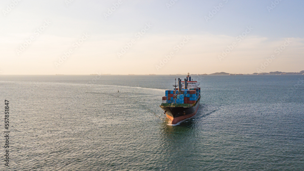Aerial view container cargo ship, import export commerce global business trade logistic and transpor