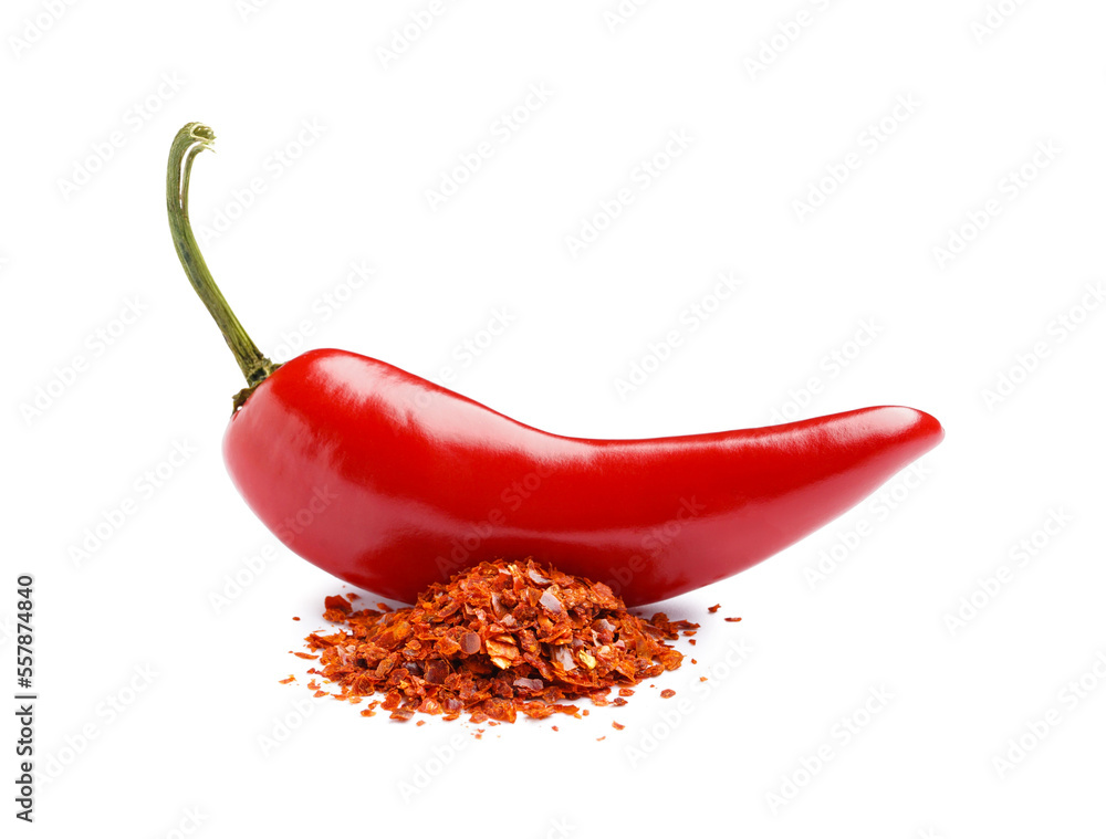 Fresh jalapeno pepper and chipotle chili flakes on white background