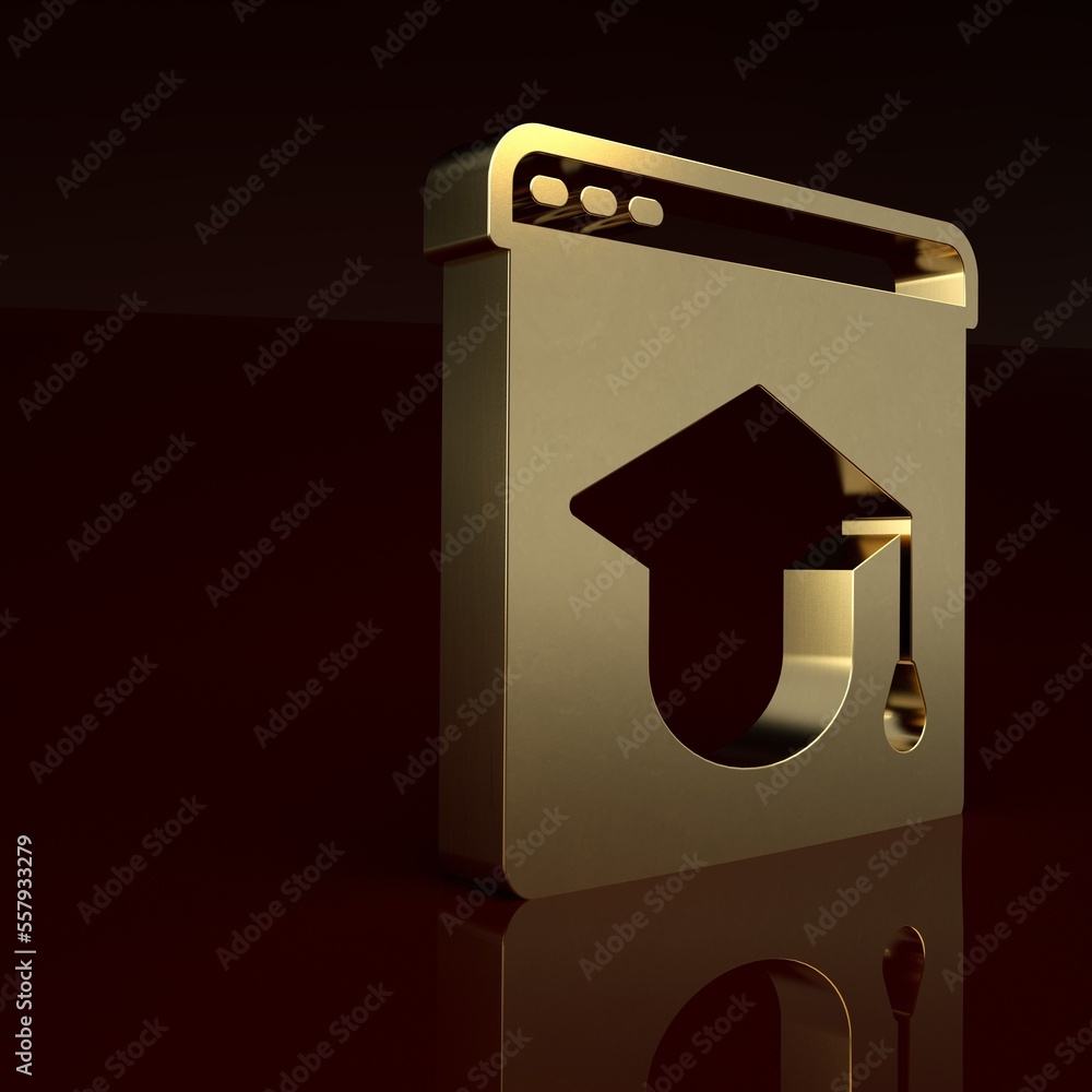 Gold Online education and graduation icon isolated on brown background. Online teacher on monitor. W